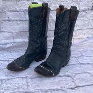 Tony Lama Black Leather Western Cowboy Boots Studded Toe Accent Size 9.5B